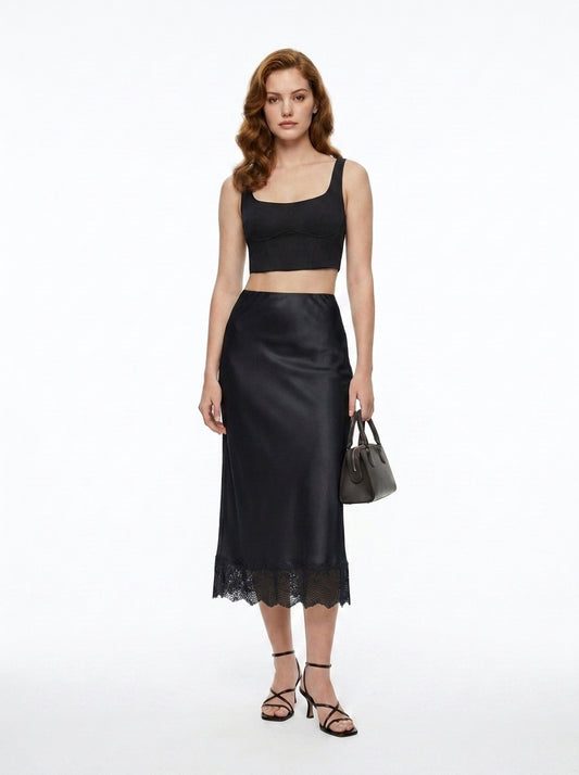 LadyLuxury Elegant Satin Lace Maxi Skirt - Luxury Silk-Feel Long Skirt