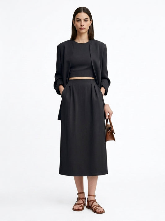 LadyLuxury | Elegant A-Line Midi Skirt with Pockets and Side Split