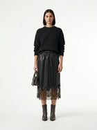 LadyLuxury | Elegant A-Line Midi Skirt with Leather Splicing and Lace Accents