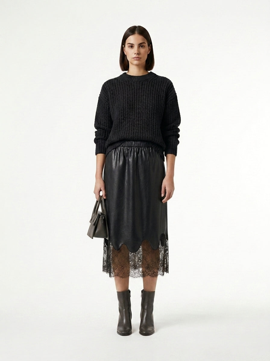LadyLuxury | Elegant A-Line Midi Skirt with Leather Splicing and Lace Accents