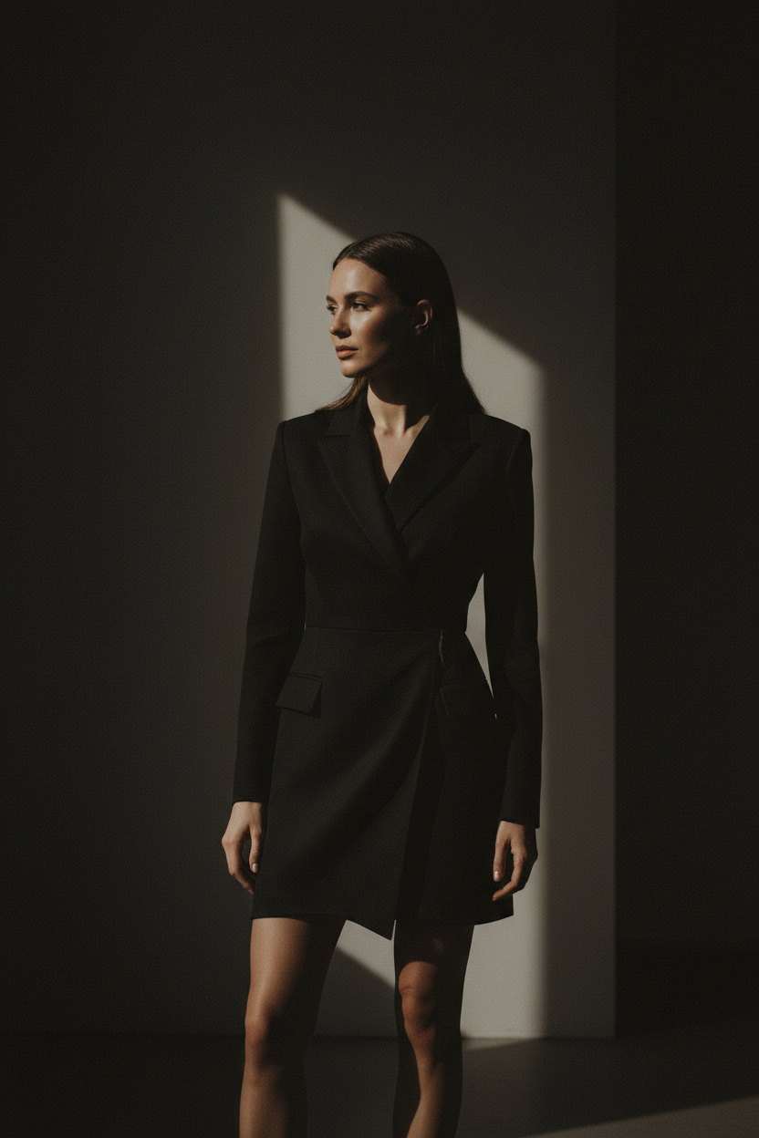 Woman wearing a black dress standing in a dark room with a spotlight on her.