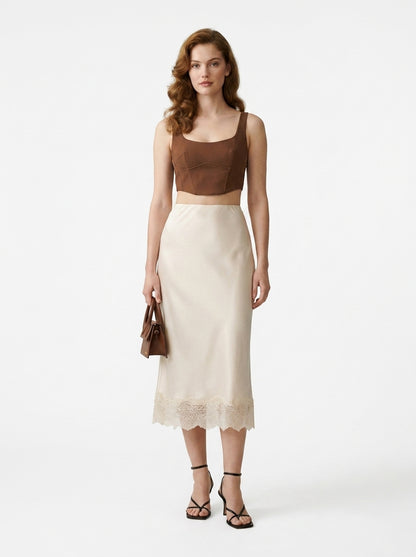 LadyLuxury Elegant Satin Lace Maxi Skirt - Luxury Silk-Feel Long Skirt