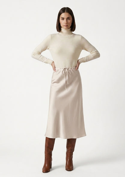 LadyLuxury | Elegant High-Waist Satin Maxi Skirt with Lace - Up Detail