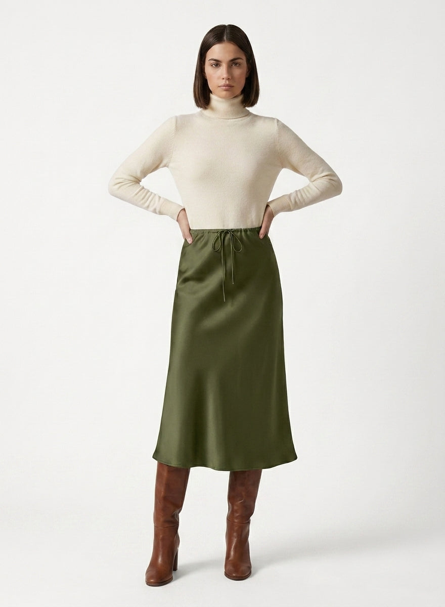 LadyLuxury | Elegant High-Waist Satin Maxi Skirt with Lace - Up Detail