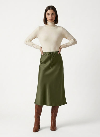 LadyLuxury | Elegant High-Waist Satin Maxi Skirt with Lace - Up Detail