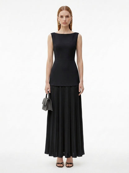 LadyLuxury | Patchwork Pleated Maxi Dress - Elegant Sleeveless Evening Gown