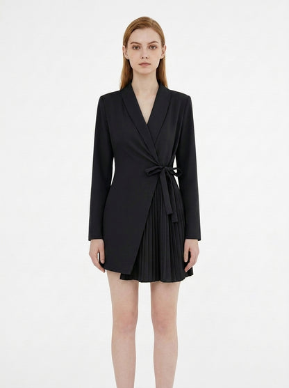 LadyLuxury | Elegant V-Neck Blazer Mini Dress - Pleated Hem & Lace-Up Waist