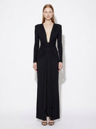 LadyLuxury | Elegant Pleated Floor-Length Evening Dress with V-Neck and Long Sleeves
