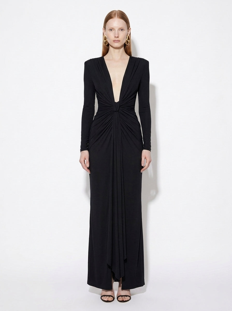LadyLuxury | Elegant Pleated Floor-Length Evening Dress with V-Neck and Long Sleeves