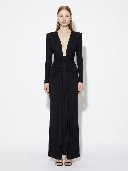 LadyLuxury | Elegant Pleated Floor-Length Evening Dress with V-Neck and Long Sleeves