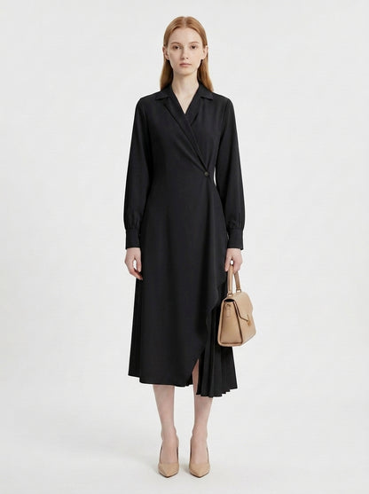 LadyLuxury | Elegant Pleated Shirt Dress with Retro Suit Collar for Office & Workwear