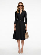 LadyLuxury | Elegant V-Neck Belted Midi Dress - A-Line Waist Cinched Long Sleeve Dress