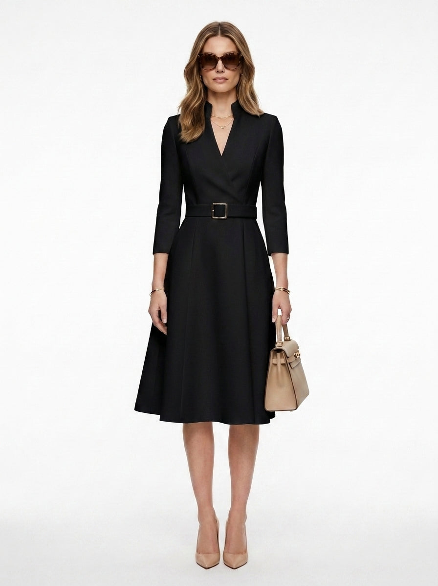 LadyLuxury | Elegant V-Neck Belted Midi Dress - A-Line Waist Cinched Long Sleeve Dress