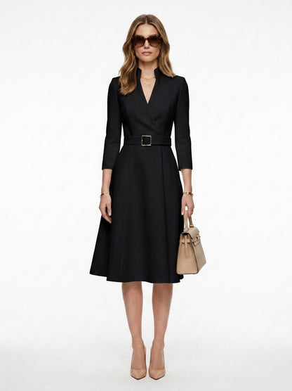 LadyLuxury | Elegant V-Neck Belted Midi Dress - A-Line Waist Cinched Long Sleeve Dress
