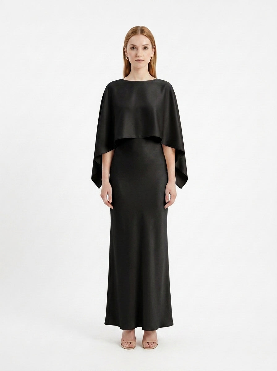 LadyLuxury | Elegant Cape Sleeve Maxi Dress - Pleated A-Line Evening Gown