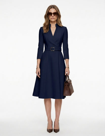 LadyLuxury | Elegant V-Neck Belted Midi Dress - A-Line Waist Cinched Long Sleeve Dress