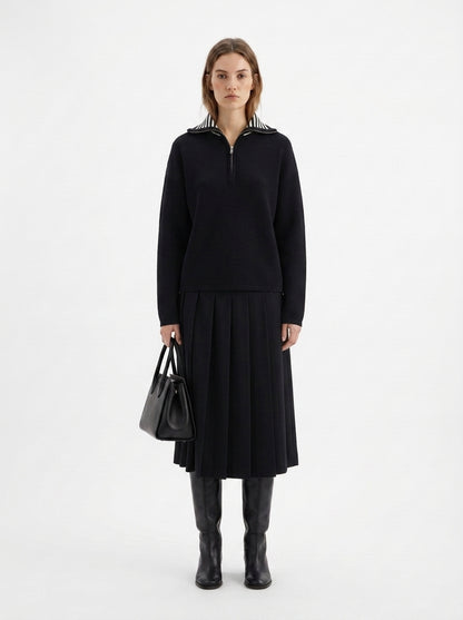 LadyLuxury | Minimalist Half-Zip Ribbed Sweater - Monochrome Relaxed Fit Knit