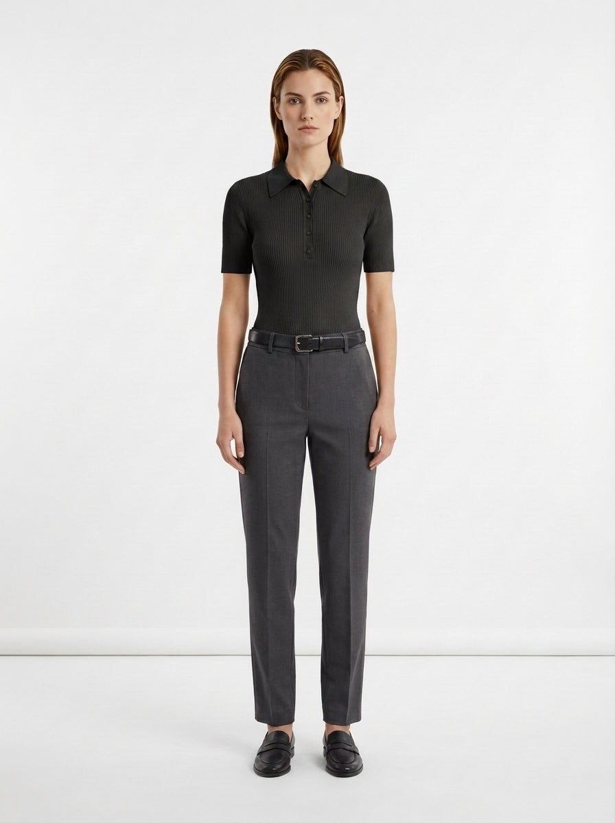 LadyLuxury | Ribbed Knit Short Sleeve Polo - Minimalist Cropped Top