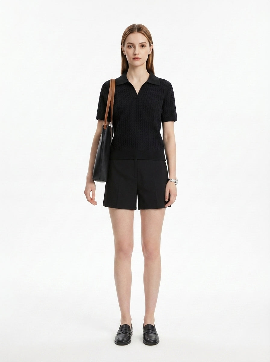 LadyLuxury | Women's Cable-Knit Short Sleeve Polo Sweater - Old Money Aesthetic