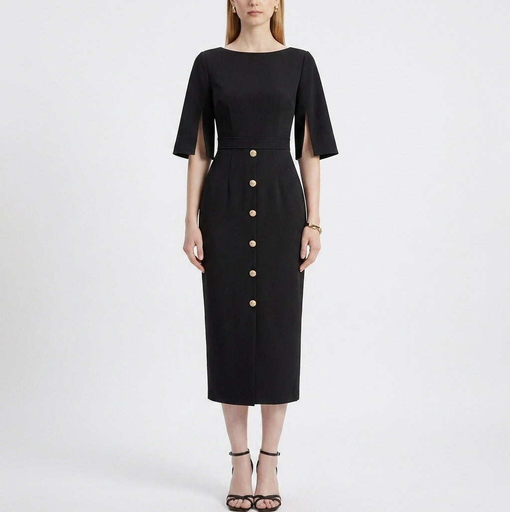 LadyLuxury | High-Waist Buttoned A-Line Midi Dress