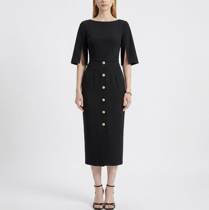 LadyLuxury | High-Waist Buttoned A-Line Midi Dress
