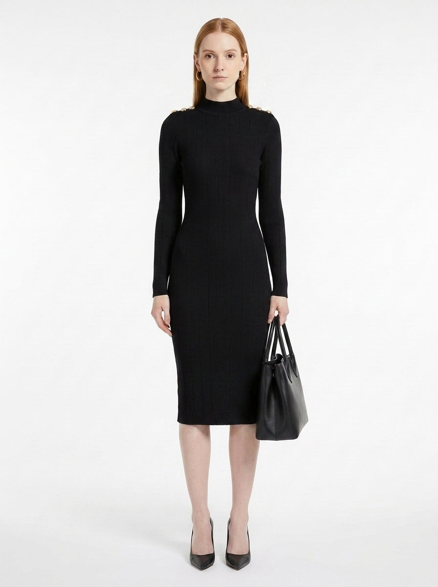 LadyLuxury | Parisian Knit Midi Dress - Elegant Ribbed Bodycon with Gold Button Detail