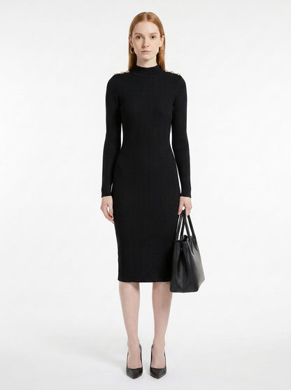 LadyLuxury | Parisian Knit Midi Dress - Elegant Ribbed Bodycon with Gold Button Detail