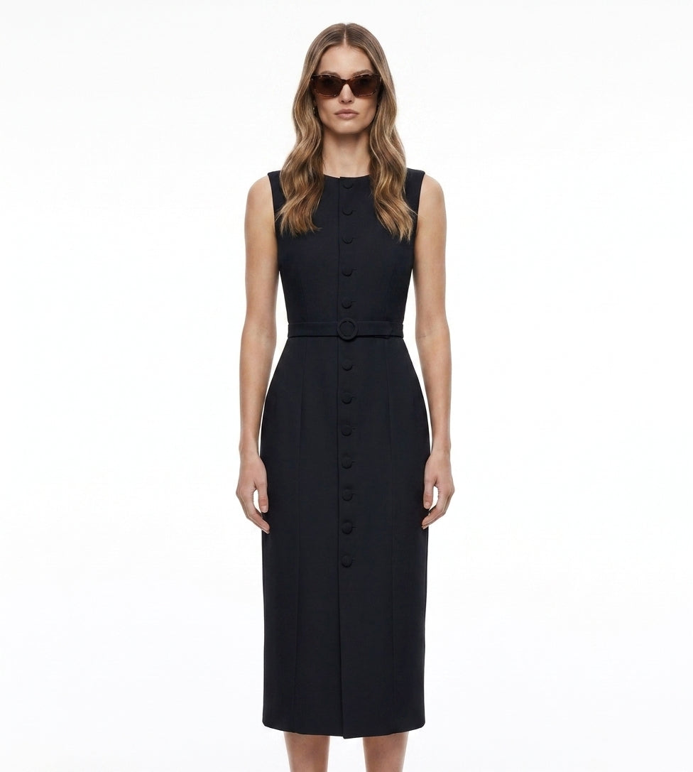 LadyLuxury | Elegant Sleeveless Belted Midi Dress - Single-Breasted Tailored Fit
