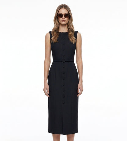 LadyLuxury | Elegant Sleeveless Belted Midi Dress - Single-Breasted Tailored Fit