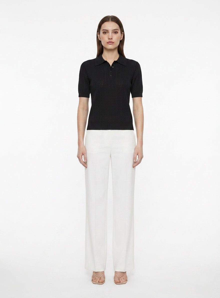 LadyLuxury | Pointelle Knit Polo - Short Sleeve Cotton-Blend Summer Sweater