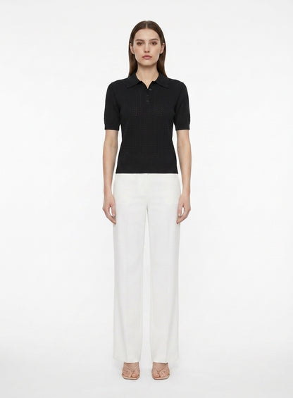 LadyLuxury | Pointelle Knit Polo - Short Sleeve Cotton-Blend Summer Sweater