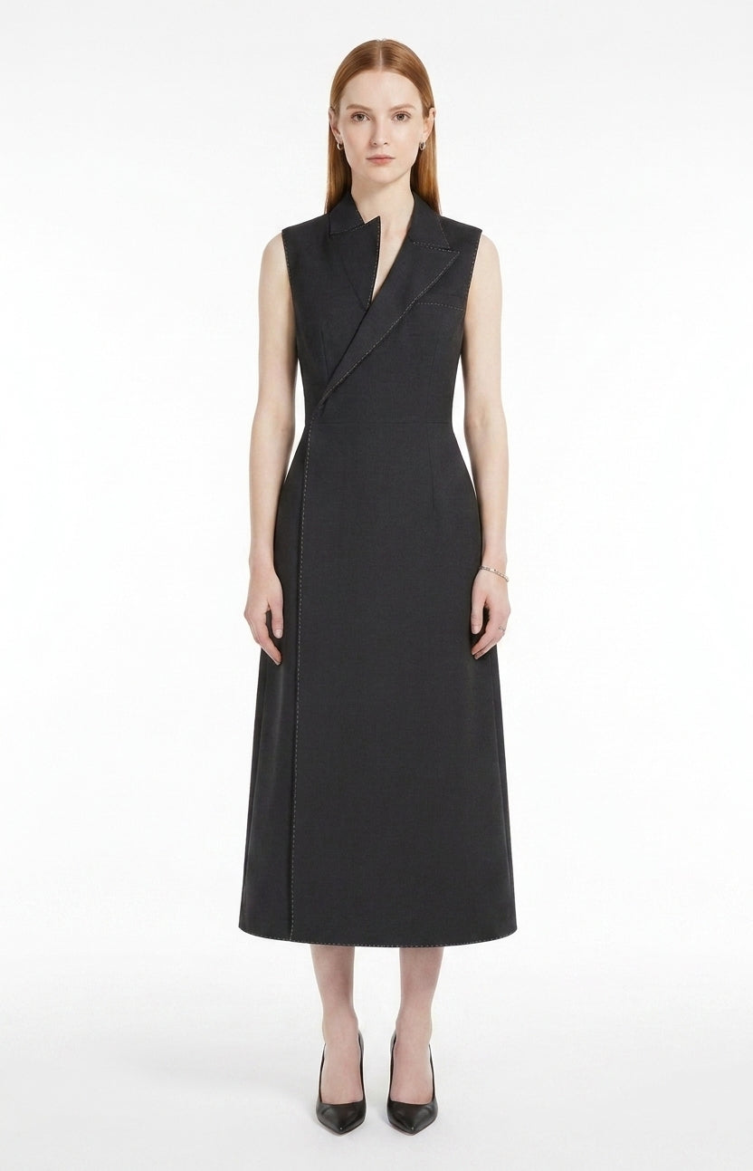 LadyLuxury | Asymmetrical Tailored Midi Dress - Structured Sleeveless A-Line Dress