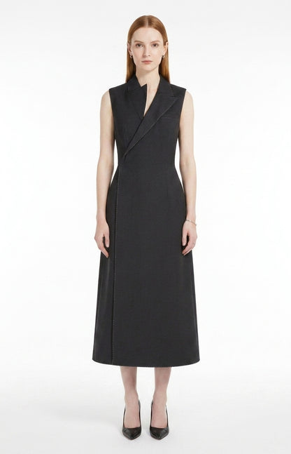 LadyLuxury | Asymmetrical Tailored Midi Dress - Structured Sleeveless A-Line Dress