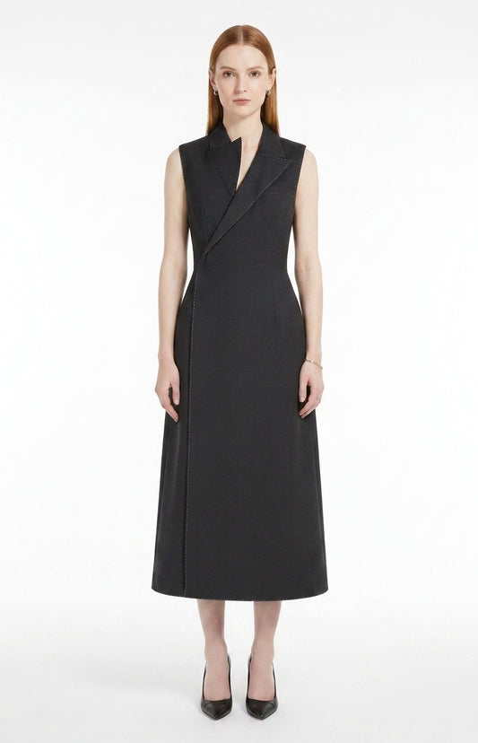 LadyLuxury | Asymmetrical Tailored Midi Dress - Structured Sleeveless A-Line Dress