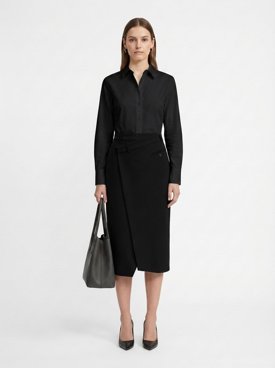 LadyLuxury | Minimalist Wrap A-Line Midi Skirt - Sophisticated Office Commuter Style