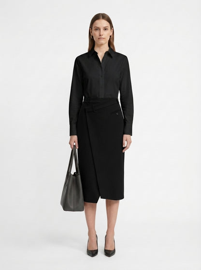 LadyLuxury | Minimalist Wrap A-Line Midi Skirt - Sophisticated Office Commuter Style