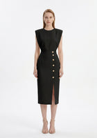 LadyLuxury | Sleeveless Button-Split Sheath Dress - Elegant Minimalist Office Midi