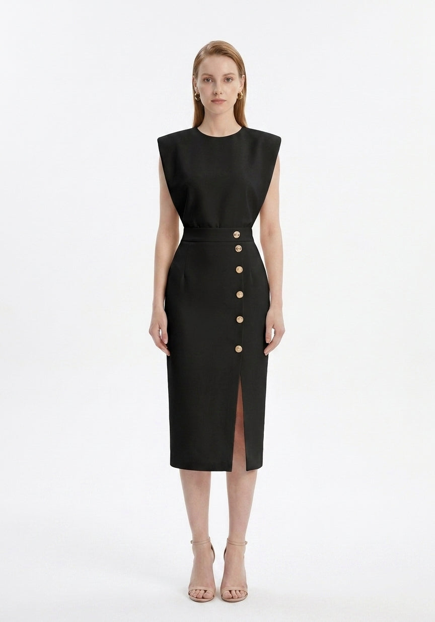 LadyLuxury | Sleeveless Button-Split Sheath Dress - Elegant Minimalist Office Midi