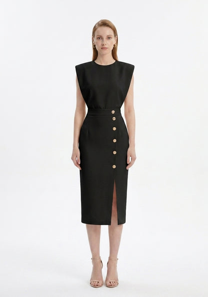 LadyLuxury | Sleeveless Button-Split Sheath Dress - Elegant Minimalist Office Midi
