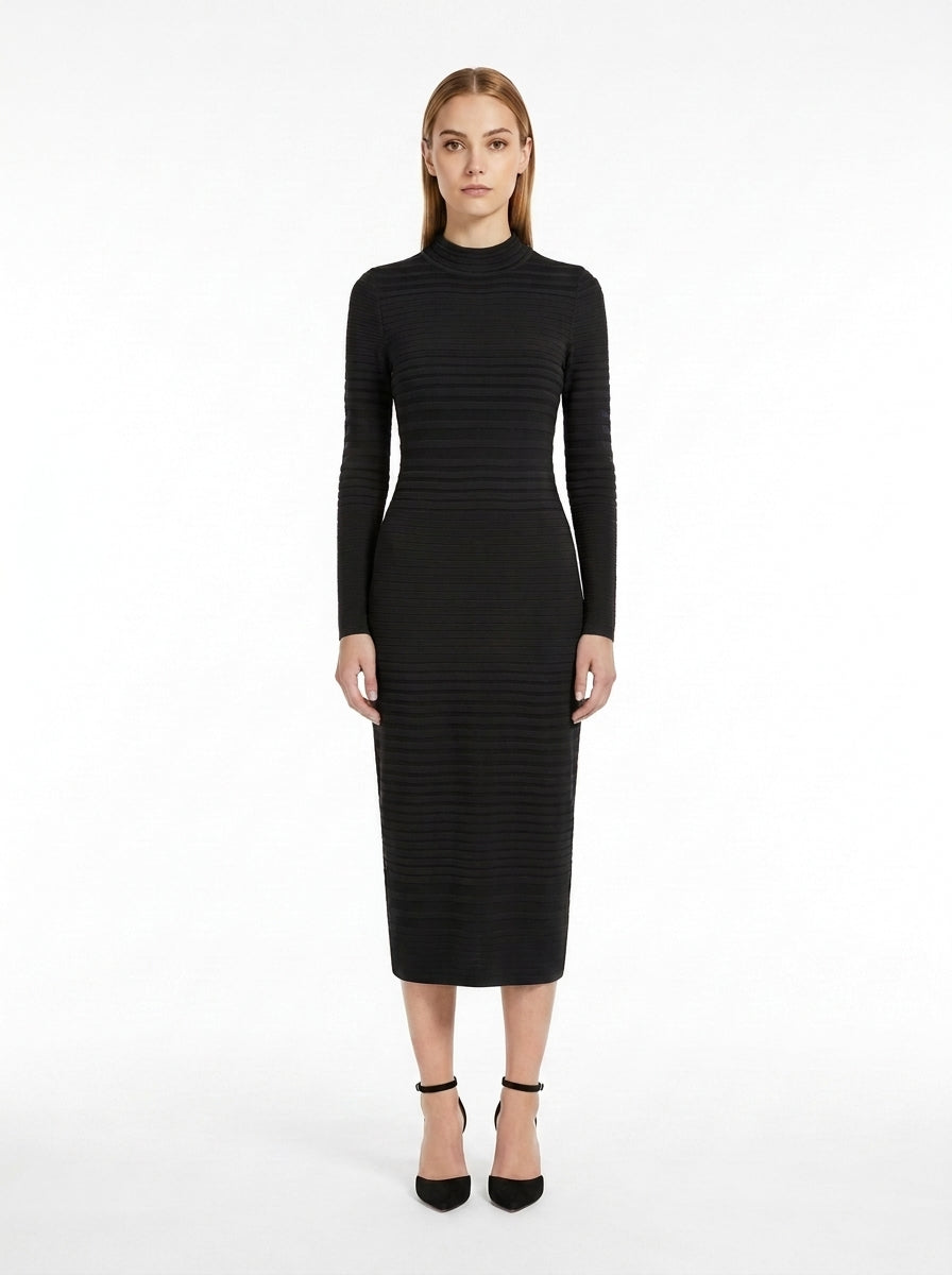 LadyLuxury | Ribbed Knit Bodycon Midi Dress - Minimalist Long Sleeve Tunic