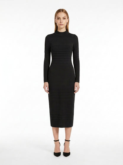 LadyLuxury | Ribbed Knit Bodycon Midi Dress - Minimalist Long Sleeve Tunic
