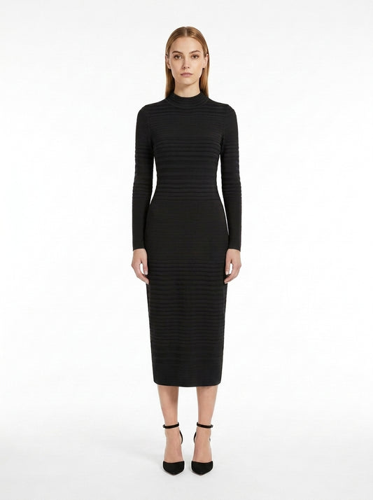 LadyLuxury | Ribbed Knit Bodycon Midi Dress - Minimalist Long Sleeve Tunic