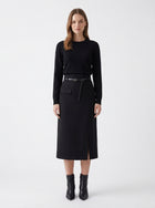LadyLuxury | High-Waisted Wool Blend Midi Skirt with Belt - Elegant A-Line Split Skirt