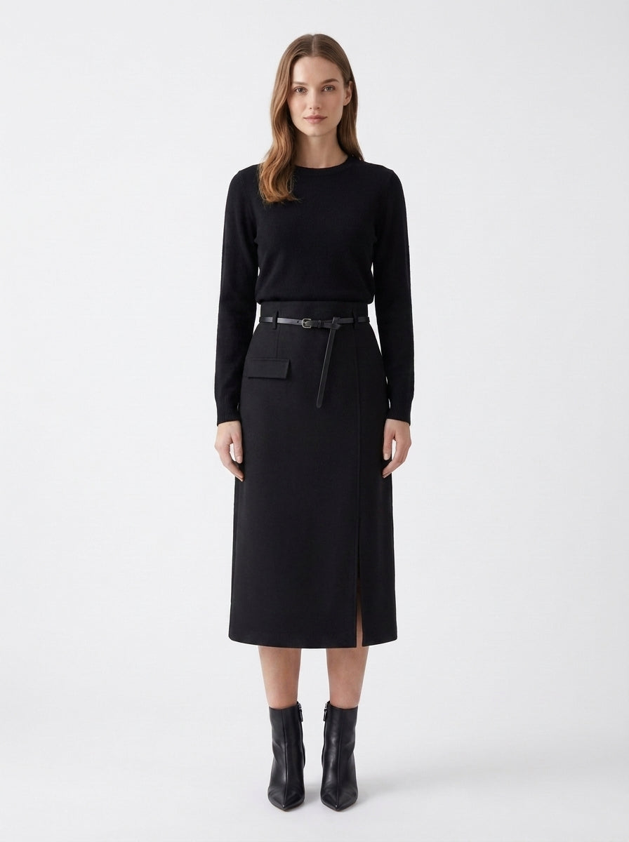 LadyLuxury | High-Waisted Wool Blend Midi Skirt with Belt - Elegant A-Line Split Skirt