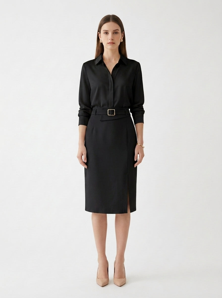 LadyLuxury | Sophisticated High-Waisted Midi Skirt with Belt - Minimalist Tailored Pencil Design