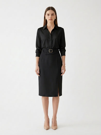 LadyLuxury | Sophisticated High-Waisted Midi Skirt with Belt - Minimalist Tailored Pencil Design