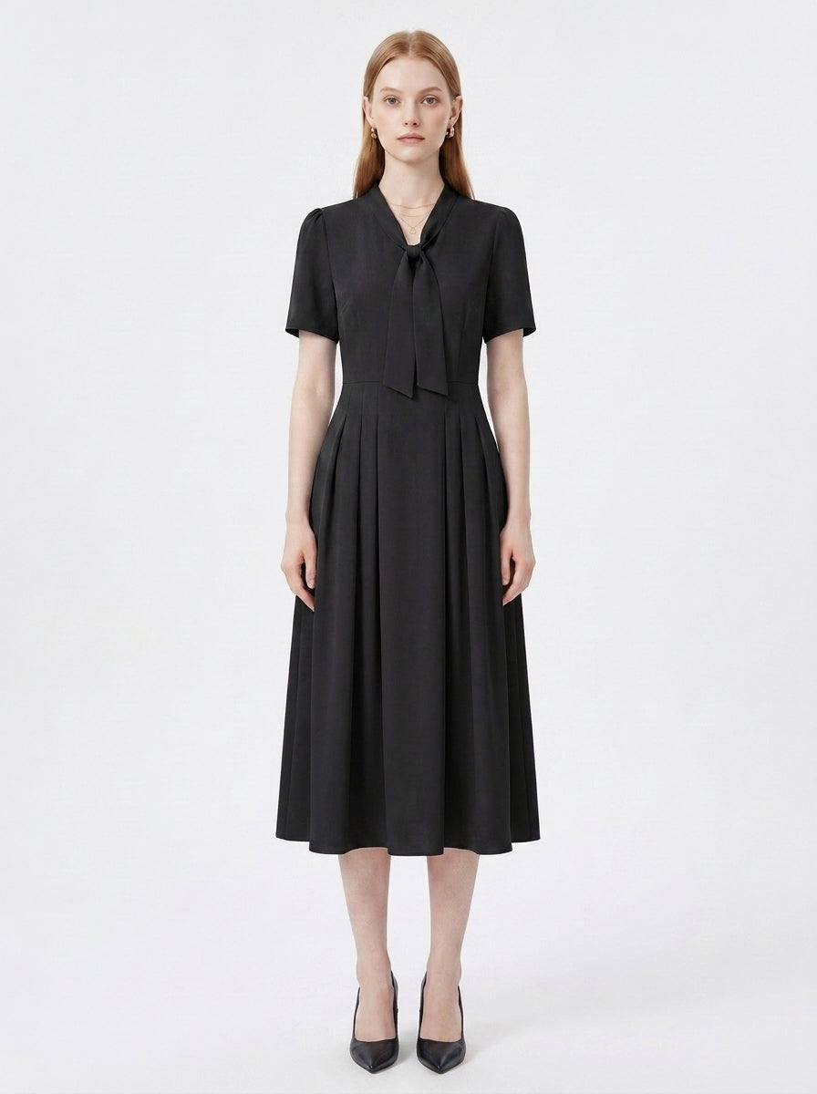 LadyLuxury | Elegant V-Neck Midi Dress with Bow Detail – Modern Romantic Summer Party A-Line Dress