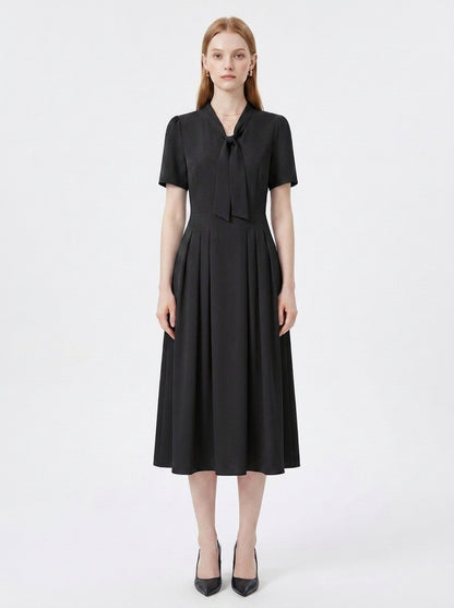 LadyLuxury | Elegant V-Neck Midi Dress with Bow Detail – Modern Romantic Summer Party A-Line Dress