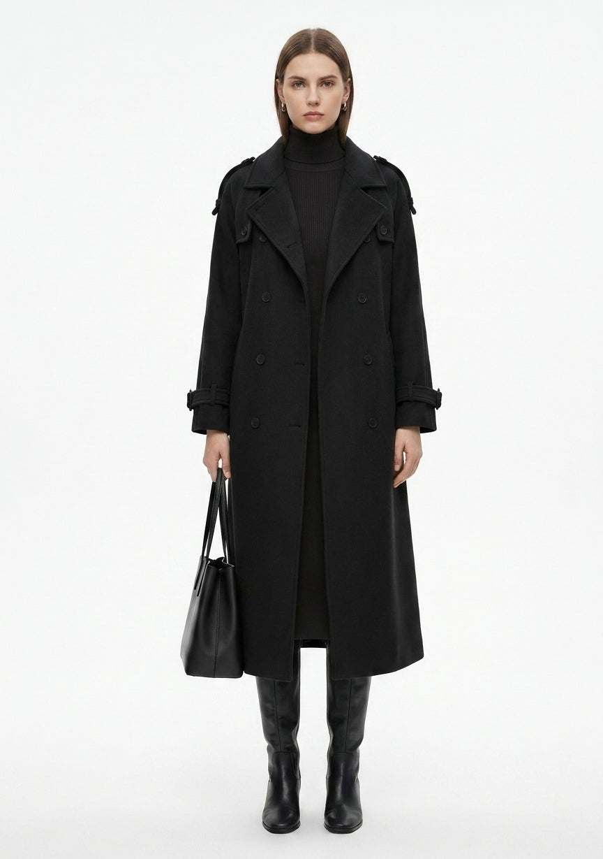 LadyLuxury | Double-Breasted Wool Blend Long Coat - Classic British Heritage Overcoat