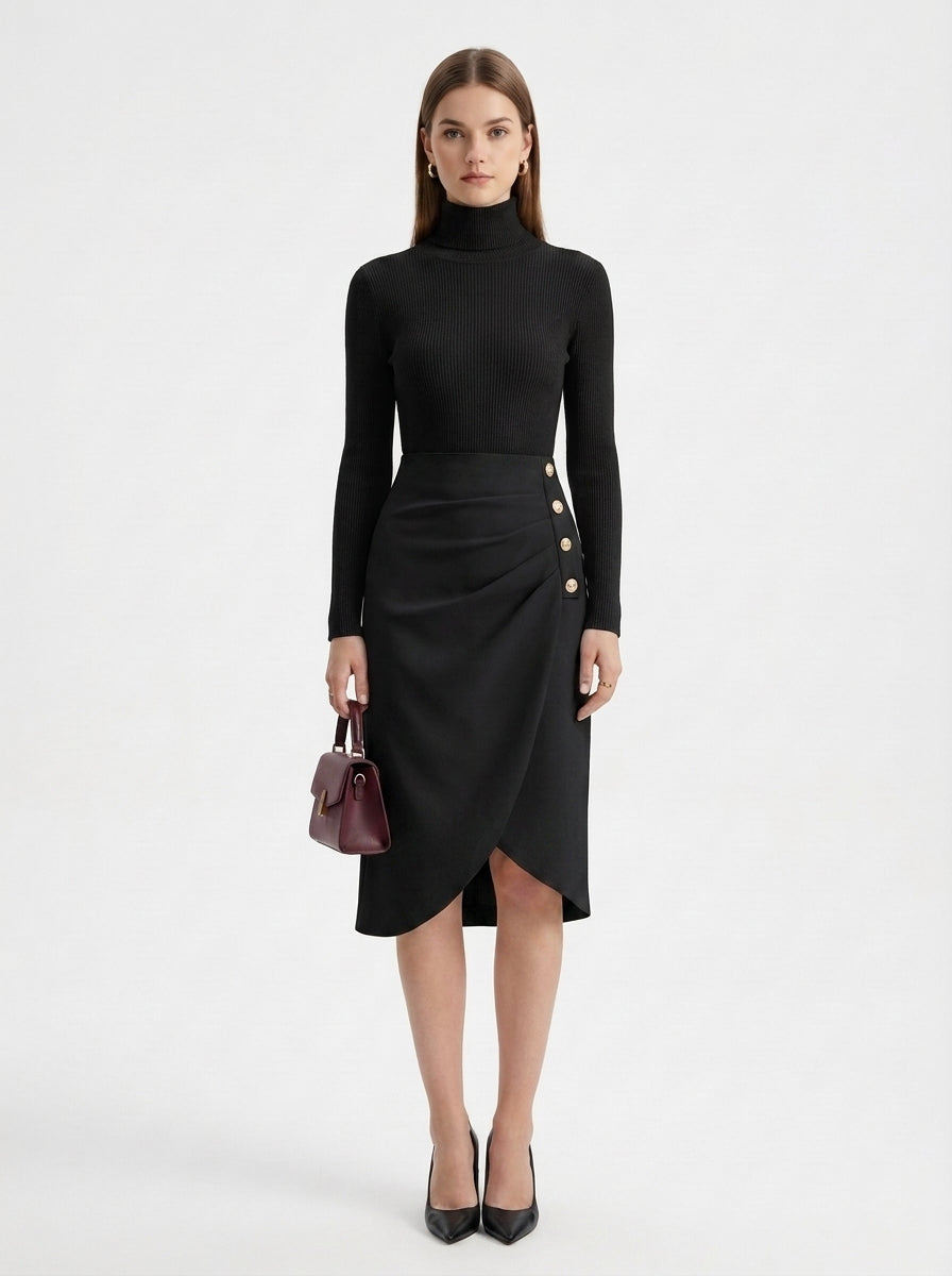 LadyLuxury | Asymmetrical Draped Midi Skirt - Parisian Chic High-Waisted Wrap Skirt
